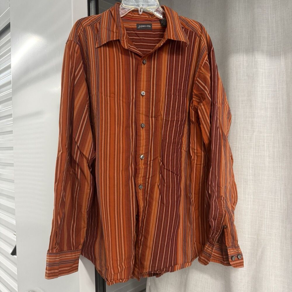 Vintage St Johns Bay Men’s Shirt Size L Orange Red Striped Button Up 90s Cotton
